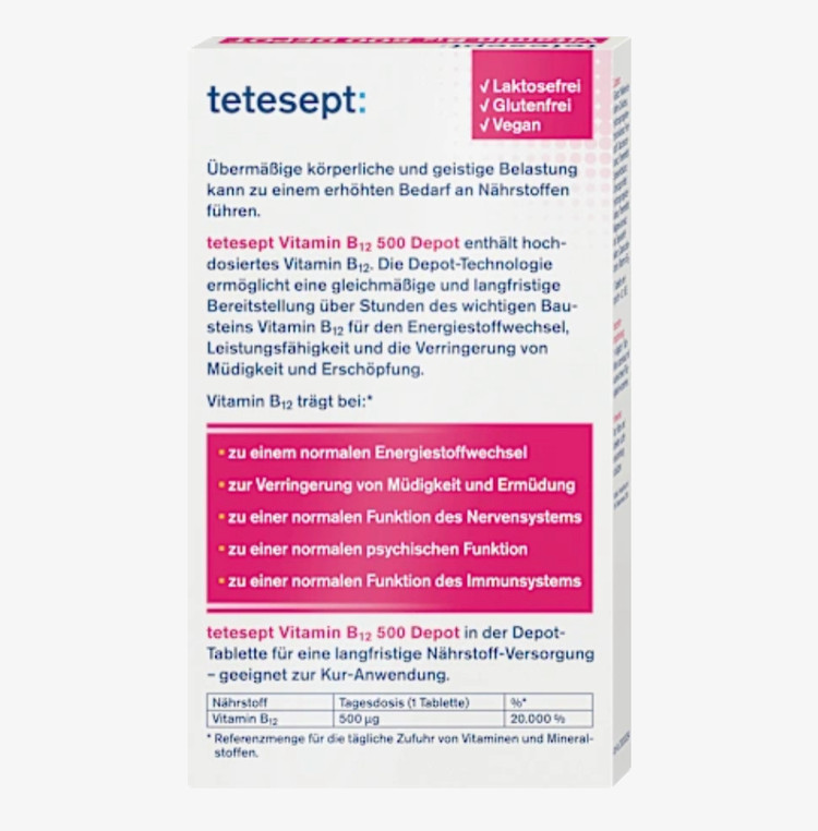 قرص ویتامین B12 تتسپت 500 میکروگرم دپو (Tetesept Vitamin B12 500 Depot) | 30 عددی